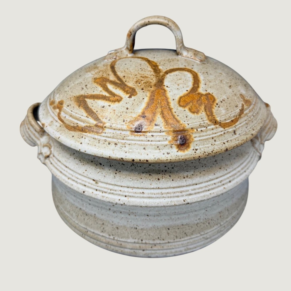 Studio Pottery Lidded Casserole Dish Signed Speckled Stoneware Tan Brown Glaze